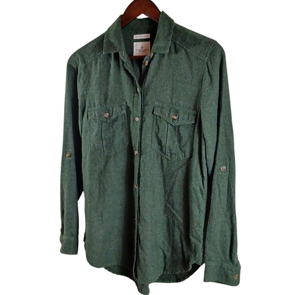 American Eagle Amazingly Soft Army Green Button Up Sz S Long Roll Tab Sleeve Top